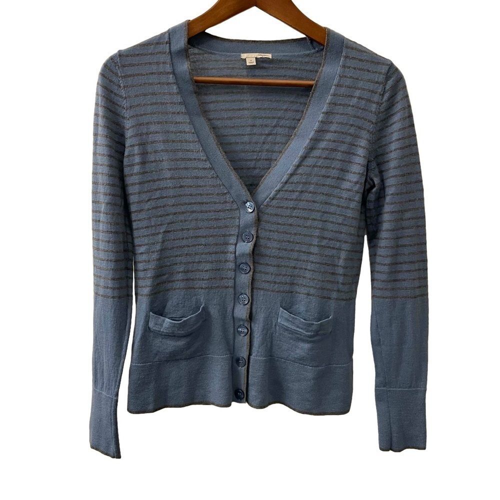 Halogen Cardigan Sweater V-Neck Merino Wool Blue Gray Stripes Women’s Size M